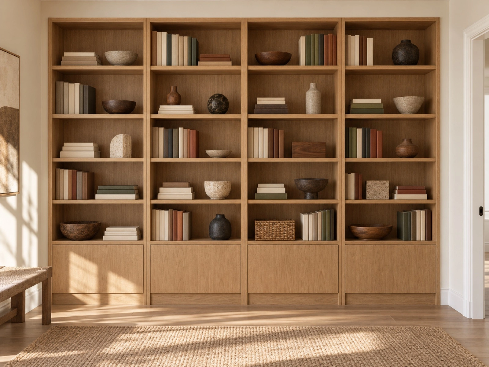 Oak alcove shelving beside a doorway.