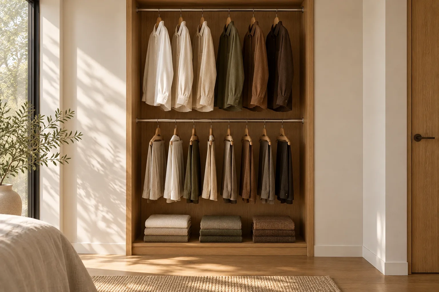 Two hanging rails hold neutral clothes above folded jumpers on a shelf.