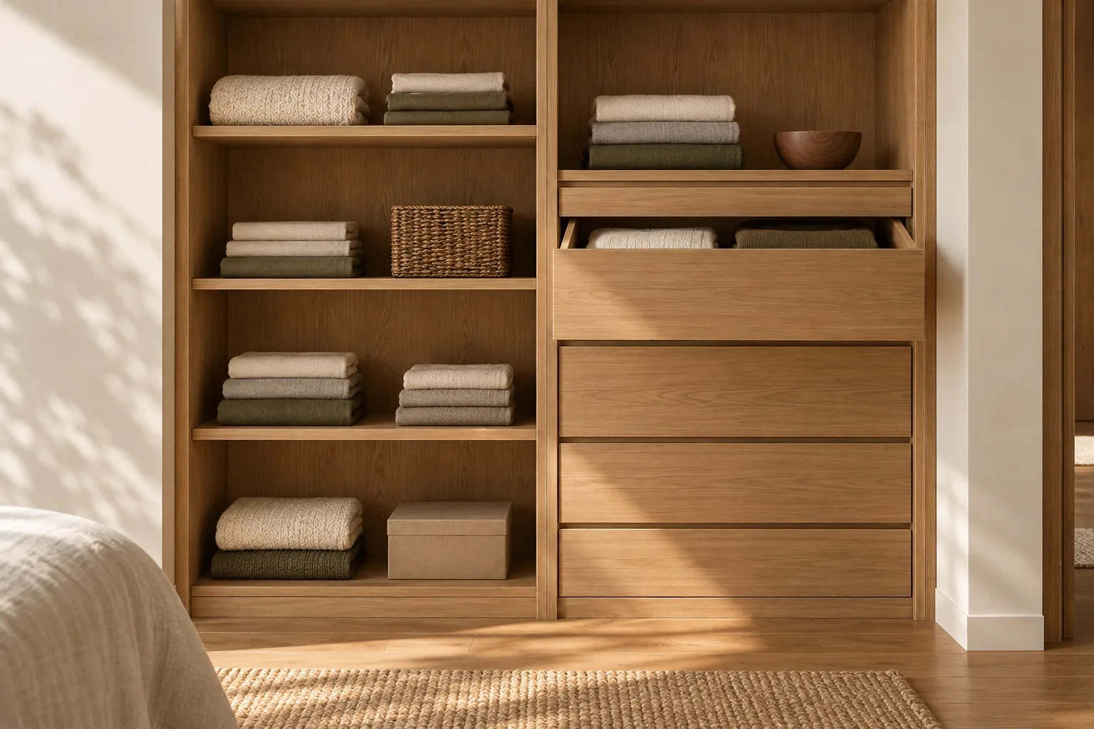 Open shelves and an open drawer hold folded clothes inside an oak wardrobe.