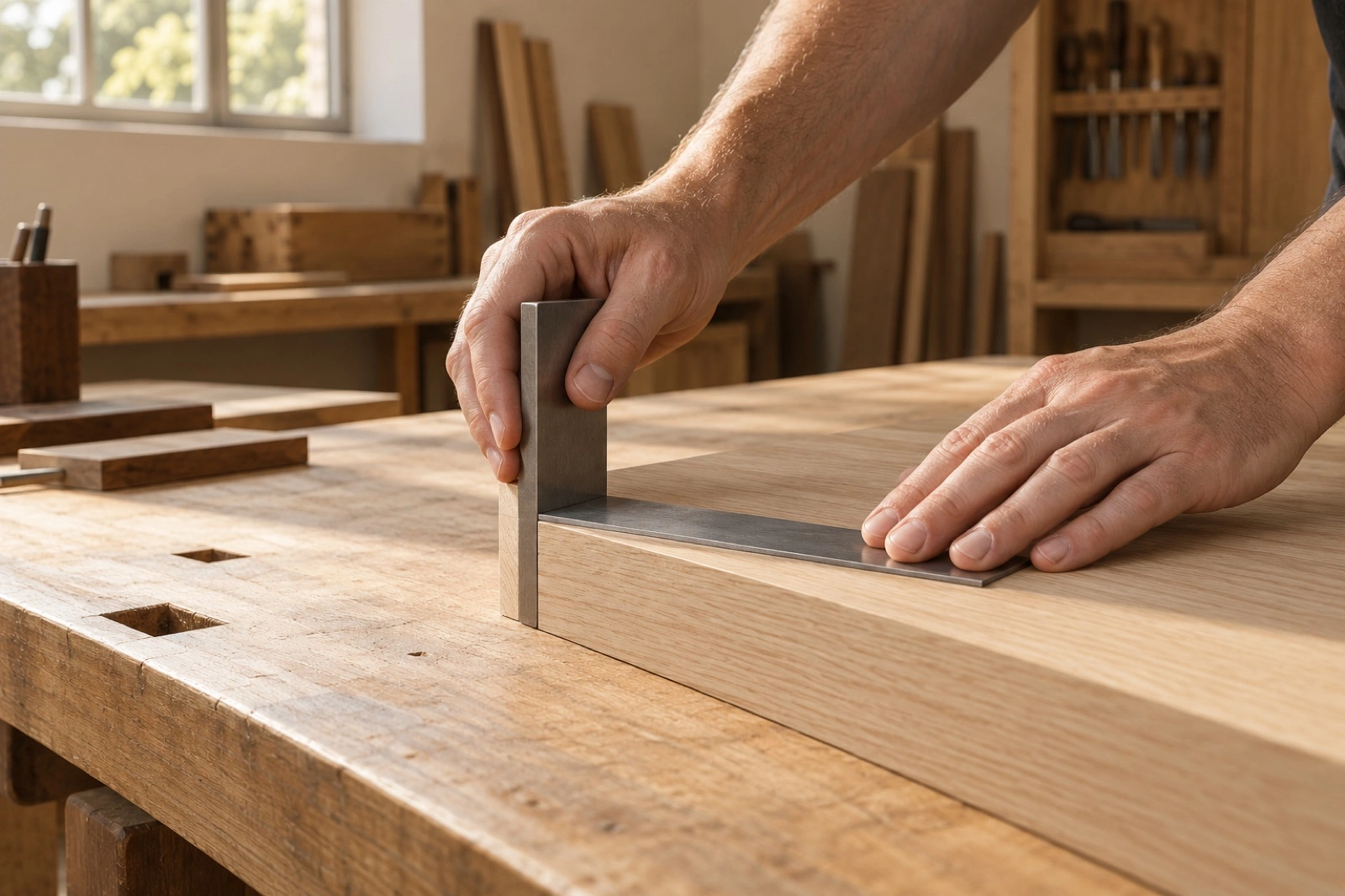 Anonymous hands check a cabinet panel with a steel square at the workshop bench.