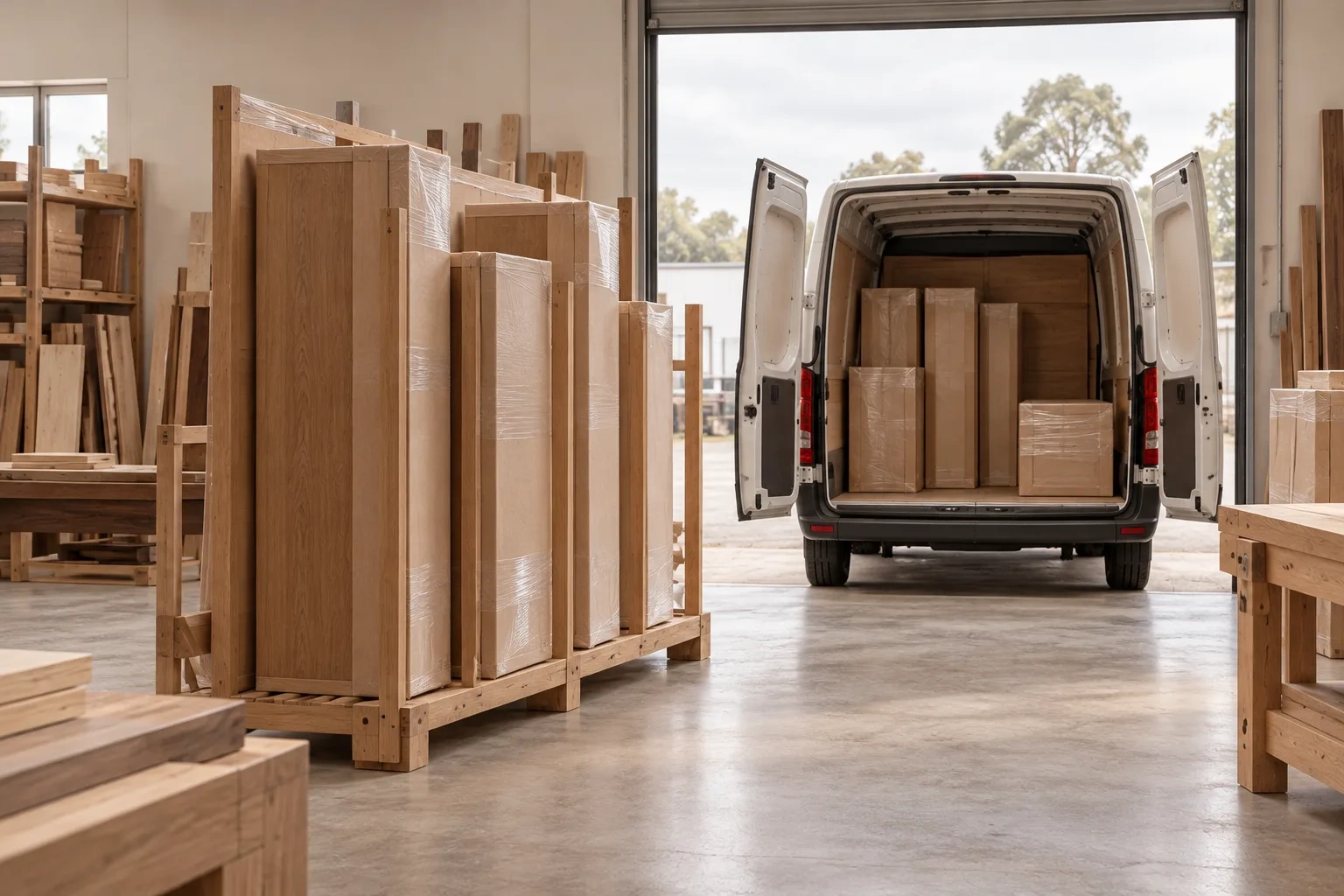 Wrapped cabinet panels stand on a rack beside a white van with open rear doors.