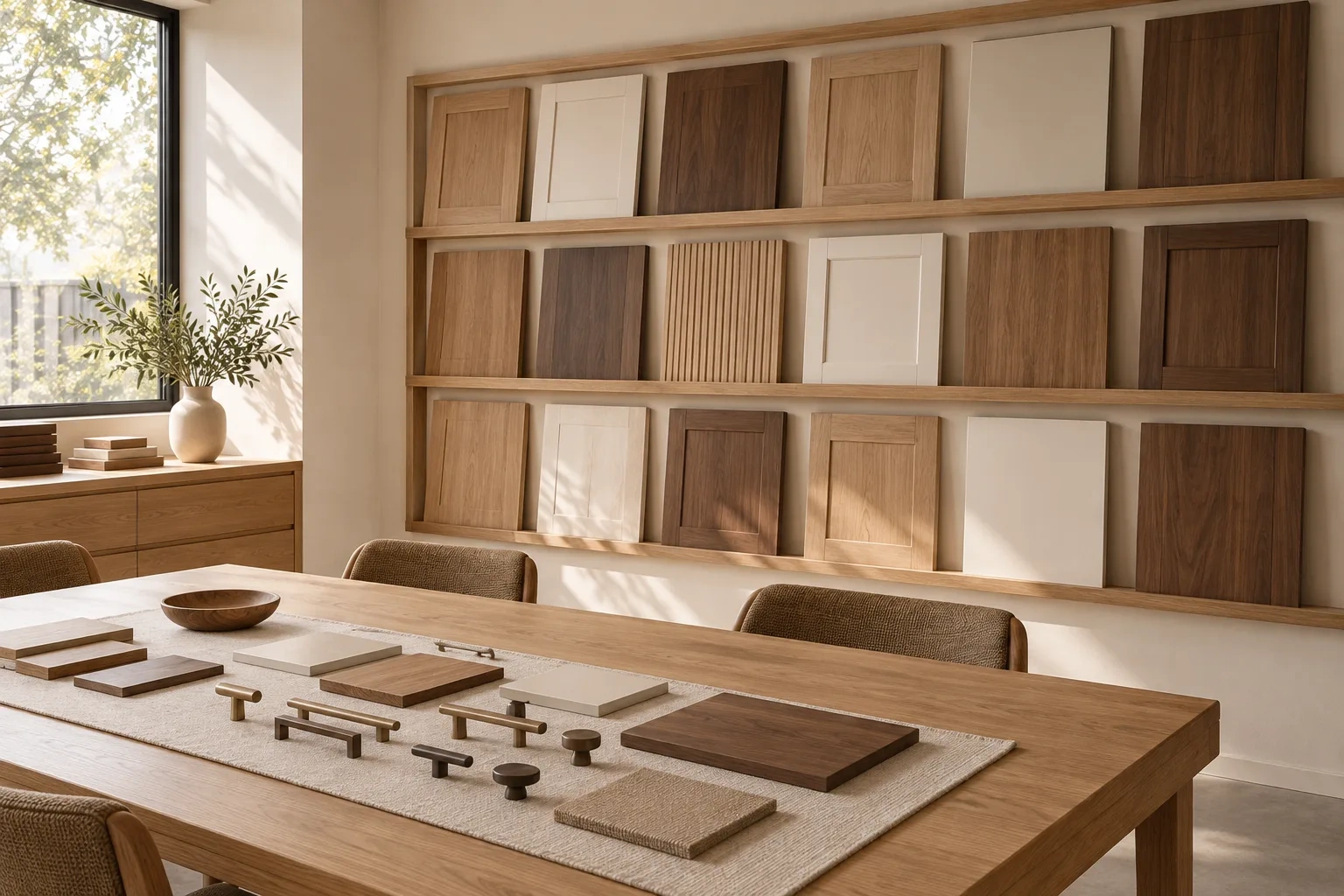 Door-front samples line a material room above a table of handles and finish samples.