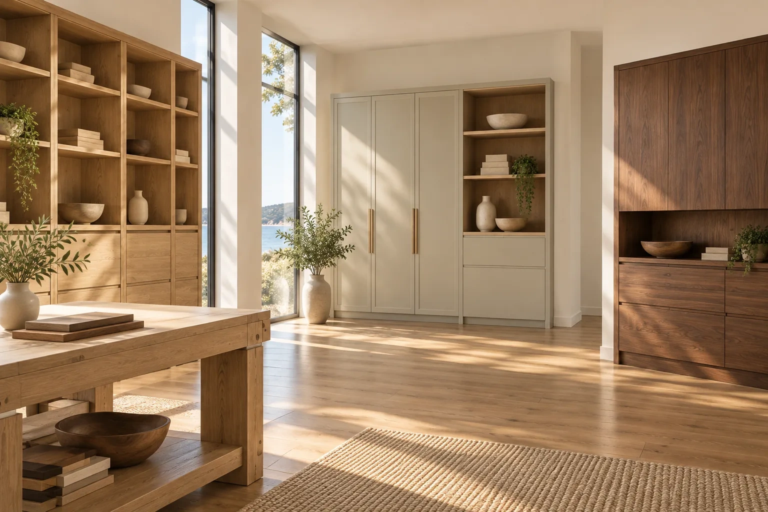 Three cabinet displays show oak, painted and walnut veneer finishes in a bright showroom.