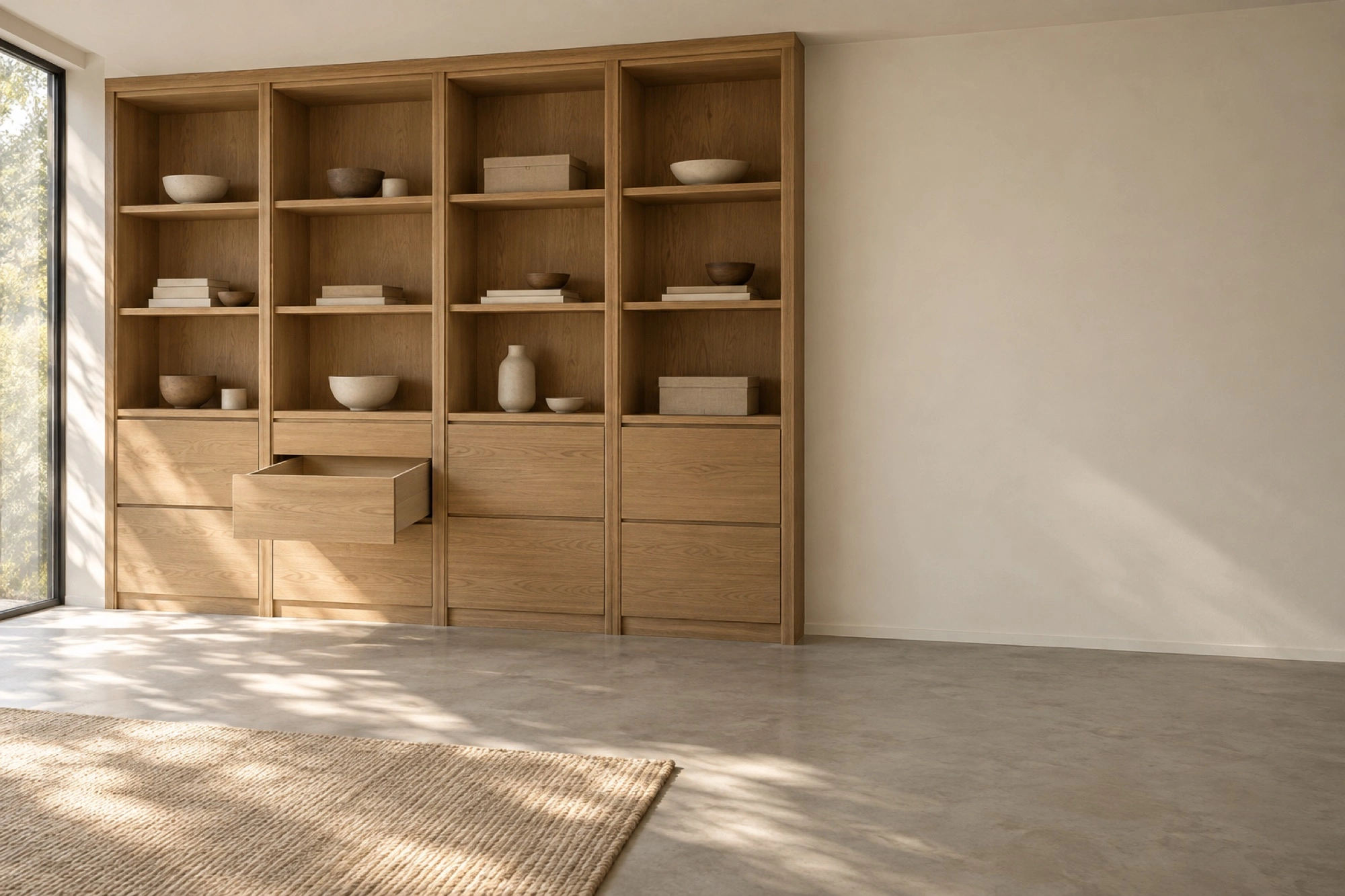 Illustration of a fitted oak cabinet wall with open shelves and one drawer pulled forward