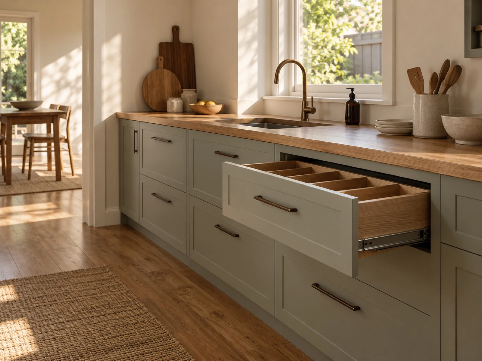 Painted kitchen cabinetry with deep drawers below the bench.