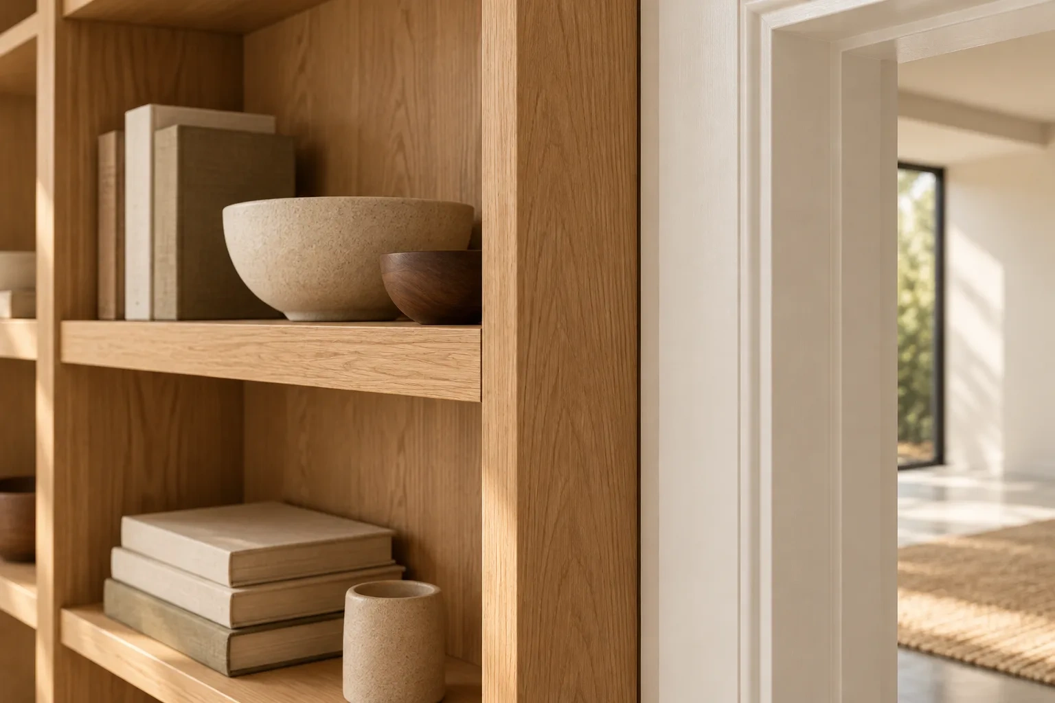 Thick oak shelving ends at a clean gap beside a white doorway architrave.