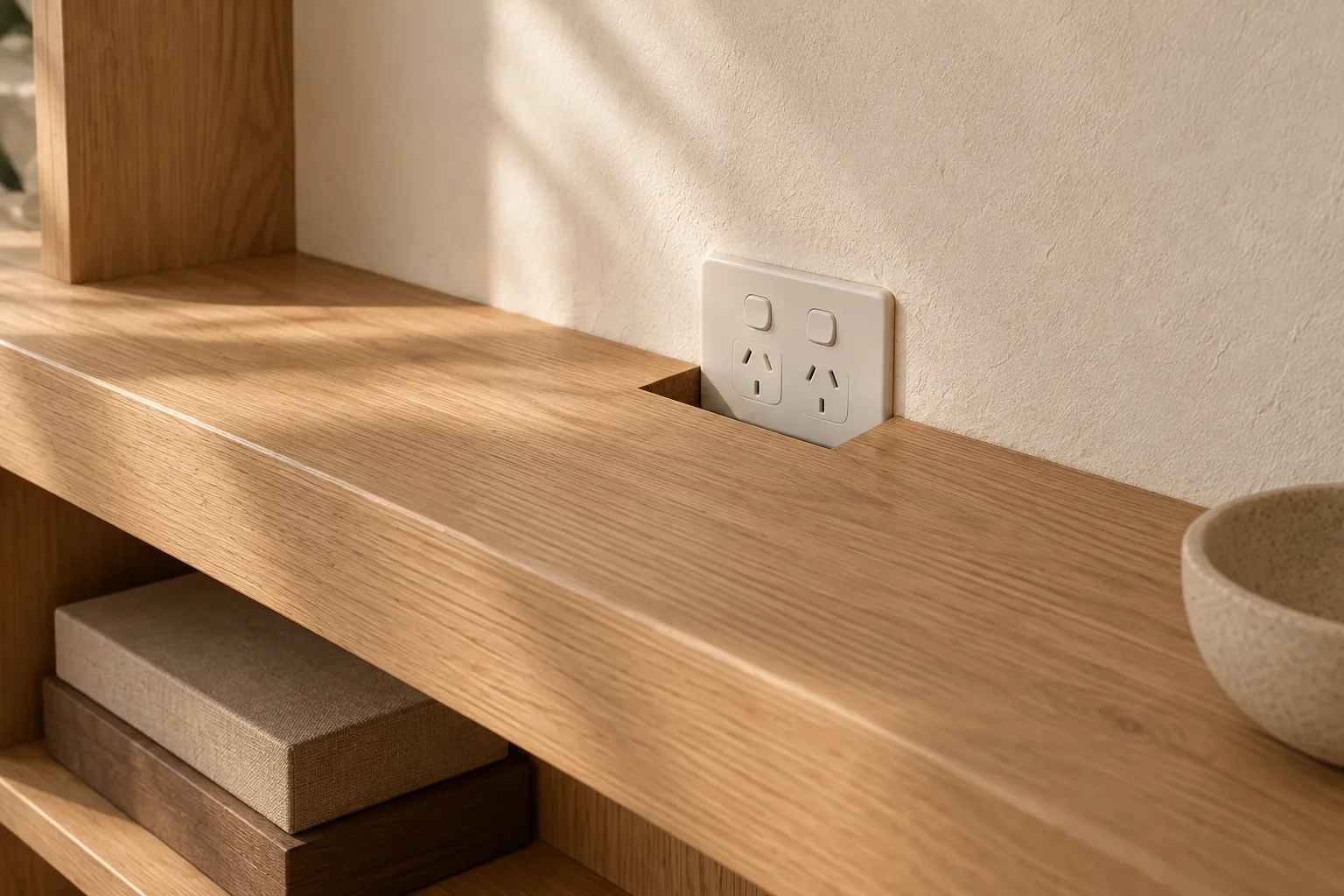 An oak shelf has a neat cut-out around an unmarked wall outlet.