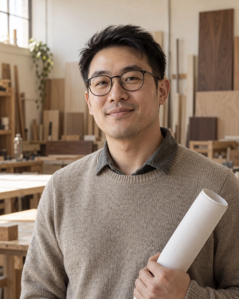 Portrait of Alex Tan, an invented member of the Reyes Joinery team.