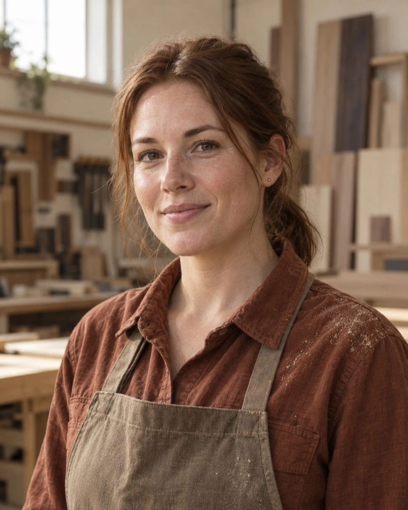 Portrait of Casey Bell, an invented member of the Reyes Joinery team.