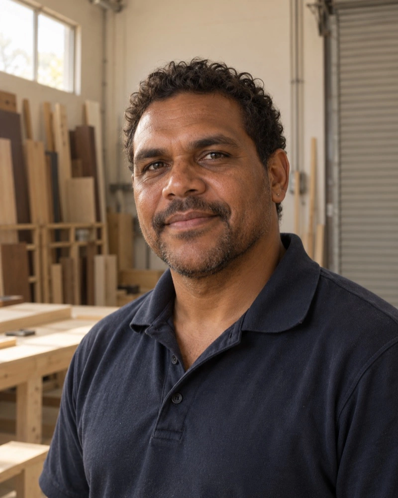 Portrait of Jamie Hart, an invented member of the Reyes Joinery team.