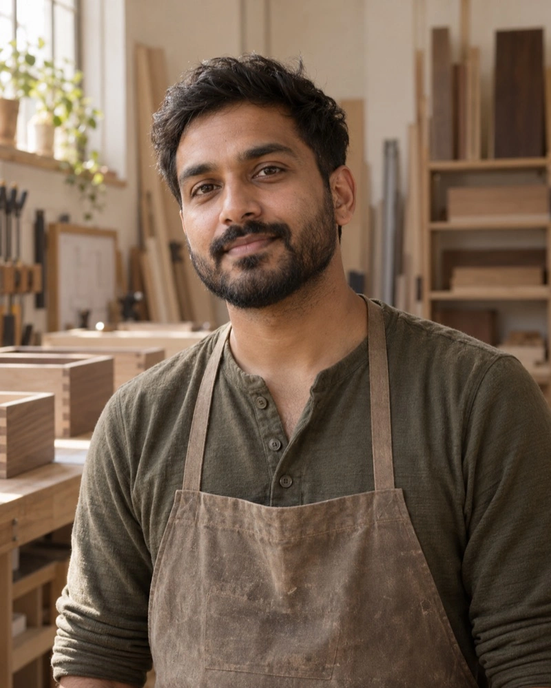 Portrait of Rowan Patel, an invented member of the Reyes Joinery team.