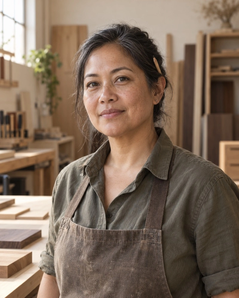 Portrait of Sam Reyes, an invented member of the Reyes Joinery team.