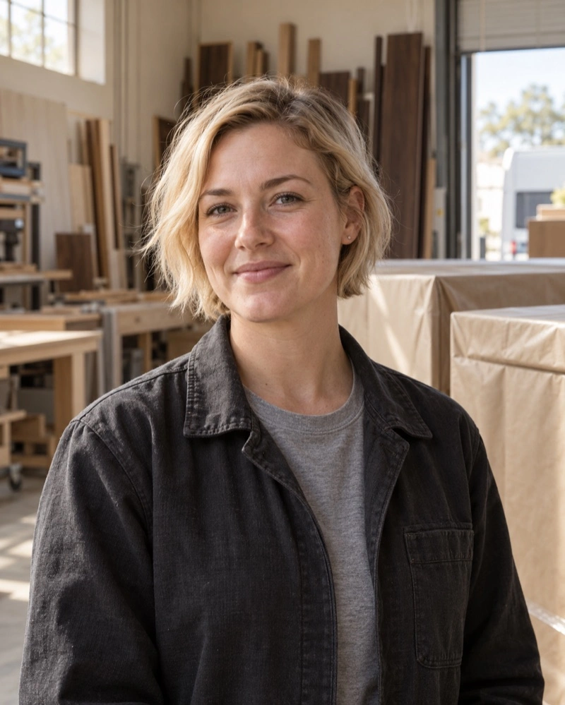Portrait of Taylor Mills, an invented member of the Reyes Joinery team.