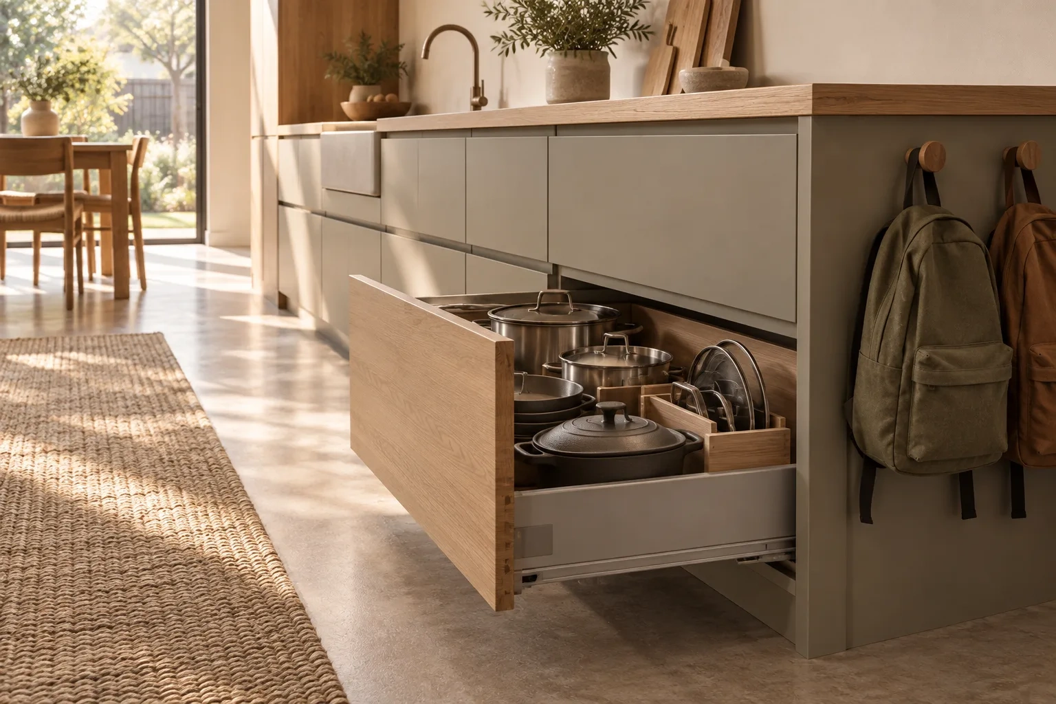 An open kitchen drawer holds pots and lids beside two school bags.