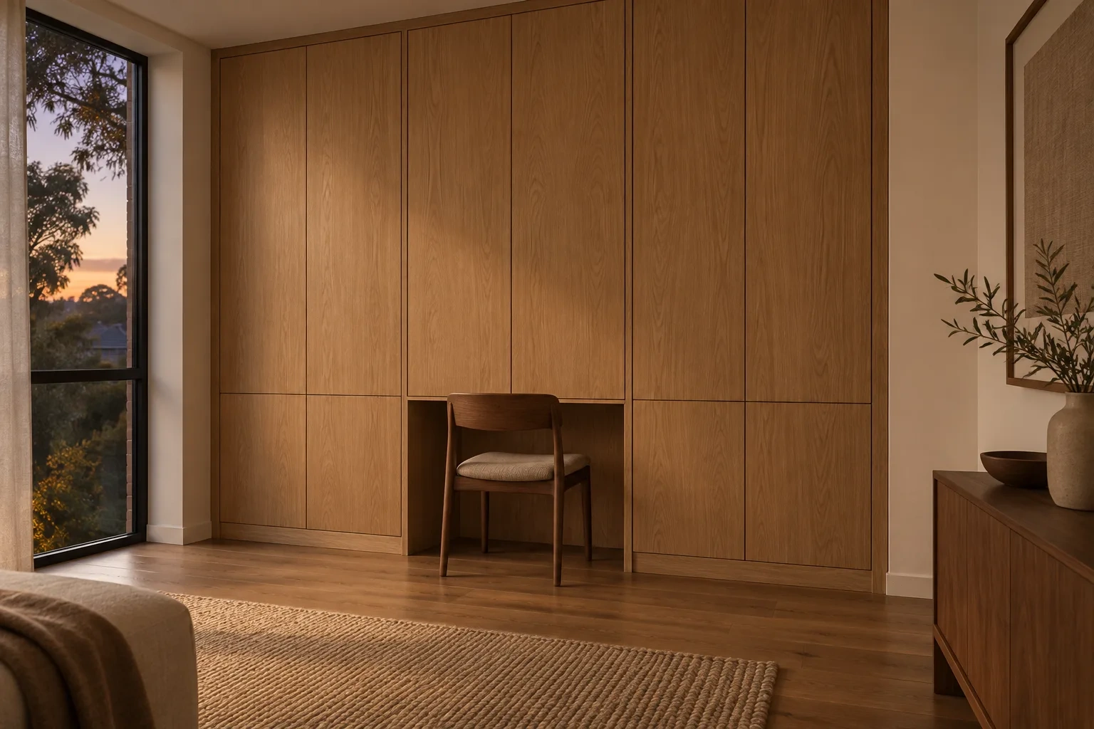 Closed oak cupboard doors conceal a study desk with a chair tucked below.