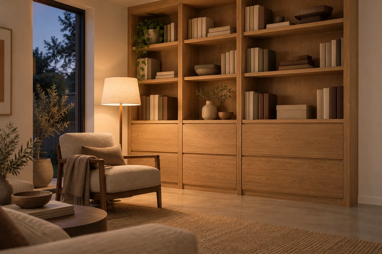 Oak alcove shelving beside a reading chair and lit floor lamp at dusk.