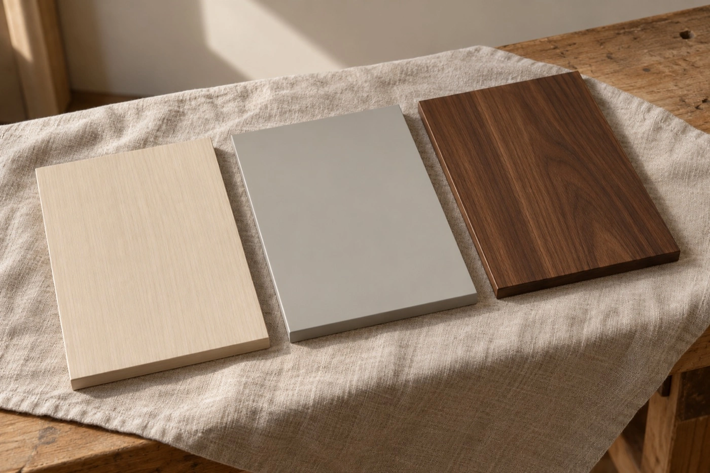 Illustrative laminate, painted and veneer samples on a linen cloth