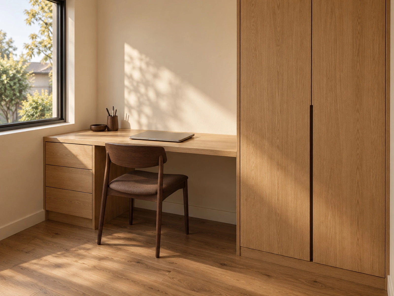 Fitted desk beside tall oak storage.