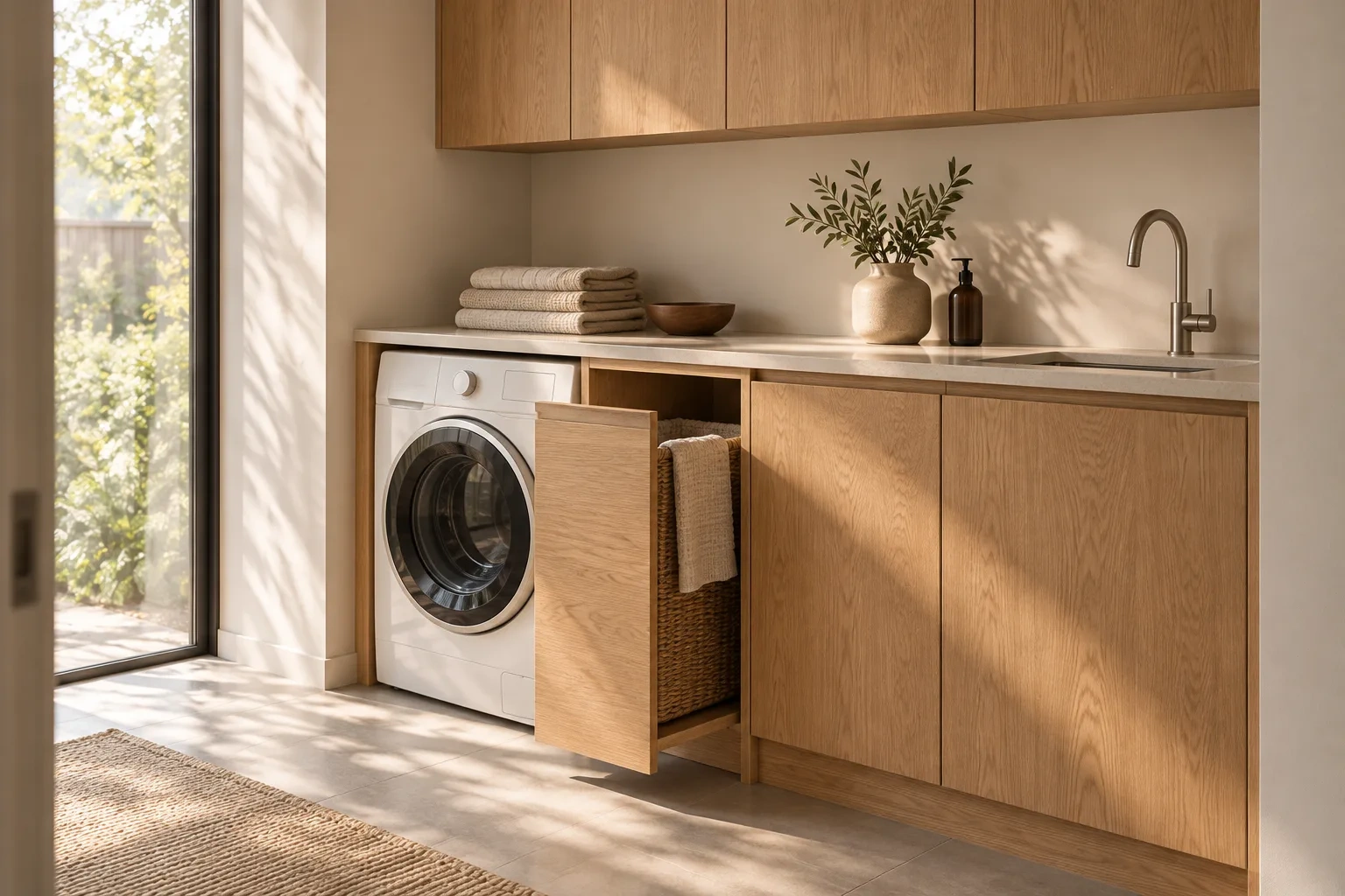 Oak laundry cabinetry with an unbranded washer and an open hamper drawer.