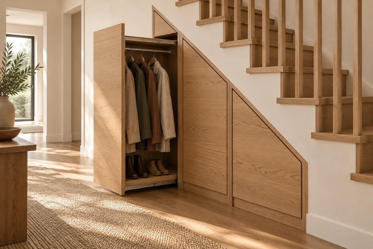 Three oak storage units fit beneath stairs, with the tallest open for coats and boots.