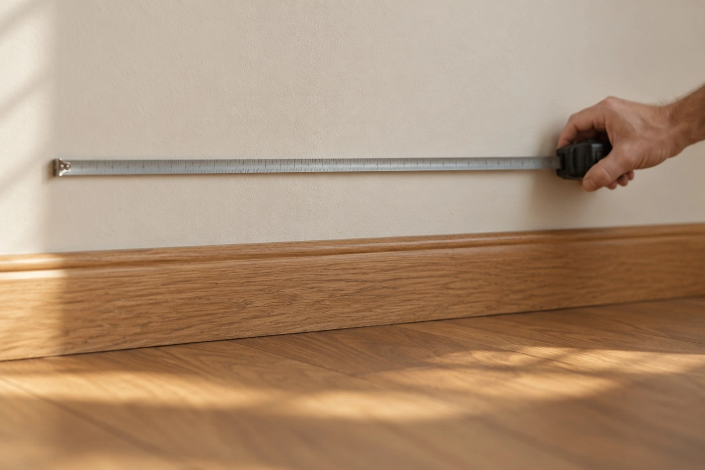 A tape measure runs along a plain wall above the skirting.
