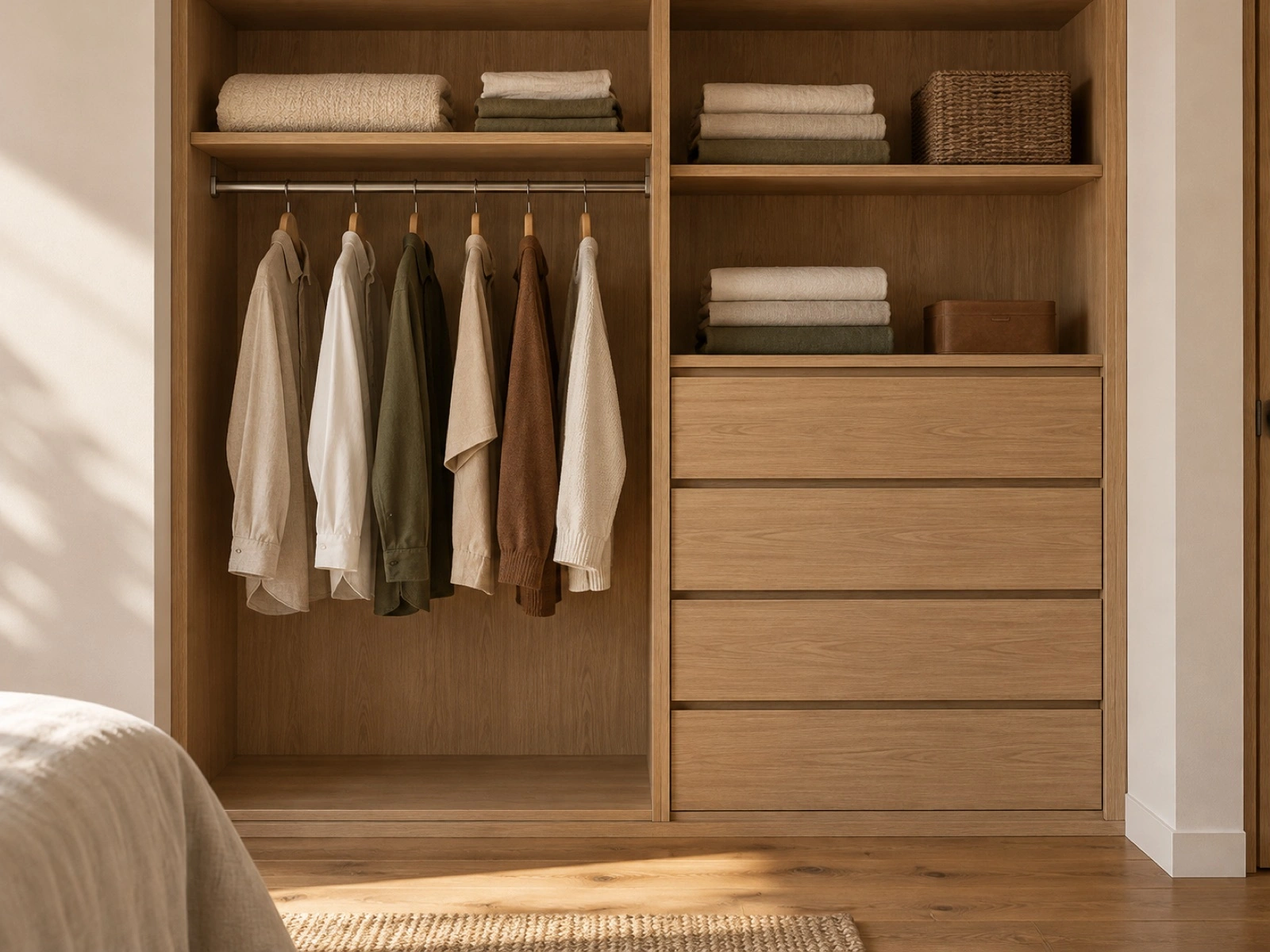 Oak wardrobe with hanging clothes, open shelves and a drawer bank.