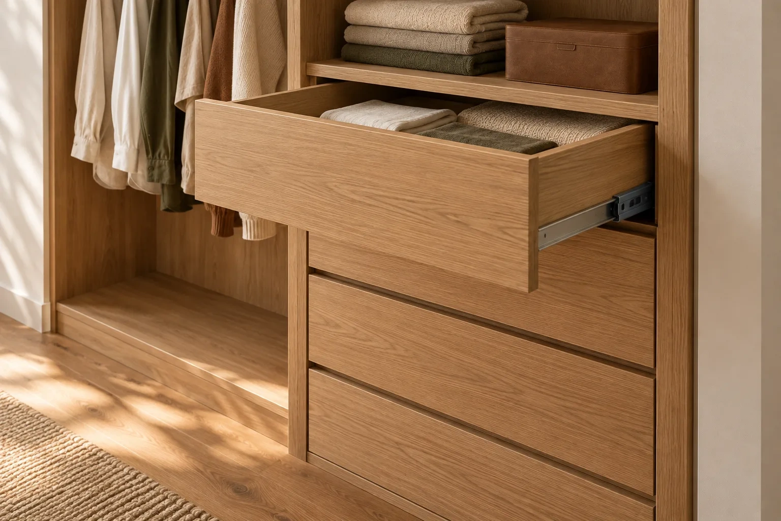 The top drawer of a four-drawer oak wardrobe bank opens to folded linen.