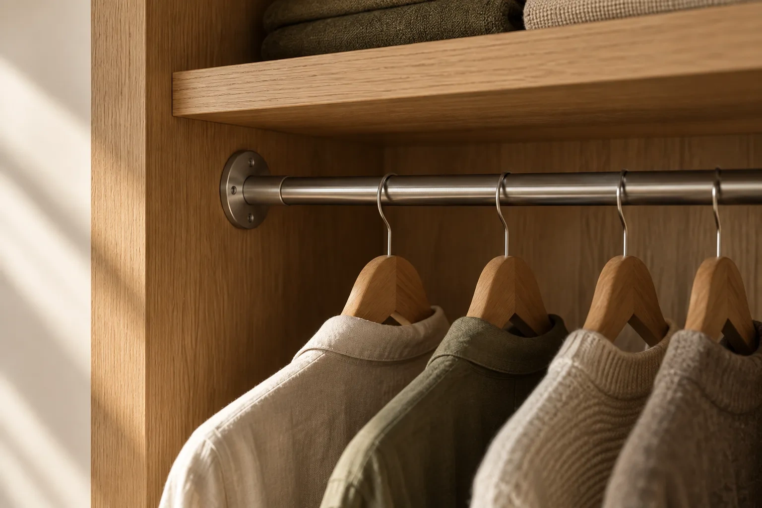 A metal hanging rail meets an oak side panel beneath a shelf.