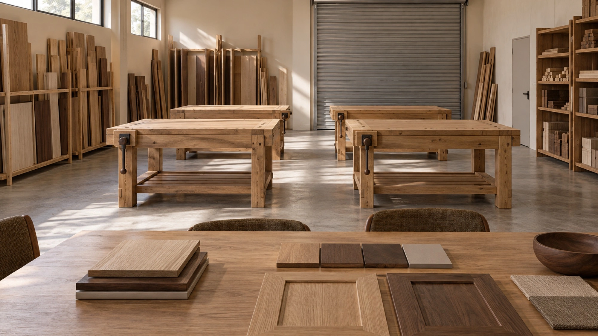 Illustration of the fictional workshop's sample table with benches and racks beyond